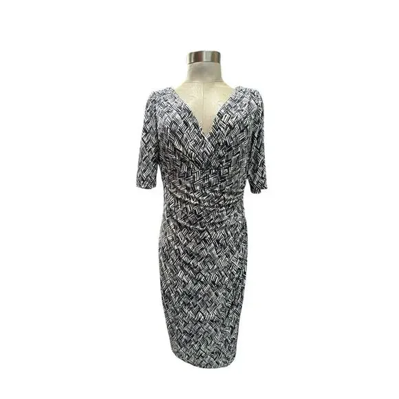 Lauren Ralph Lauren Dress Women's 10 Black Cream V Neck Cinched Waist Old Money - Picture 1 of 13